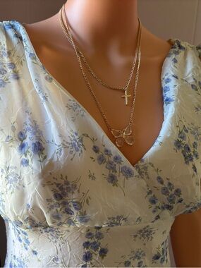 Cream Midi Dress with Blue Floral Print and V-Neck